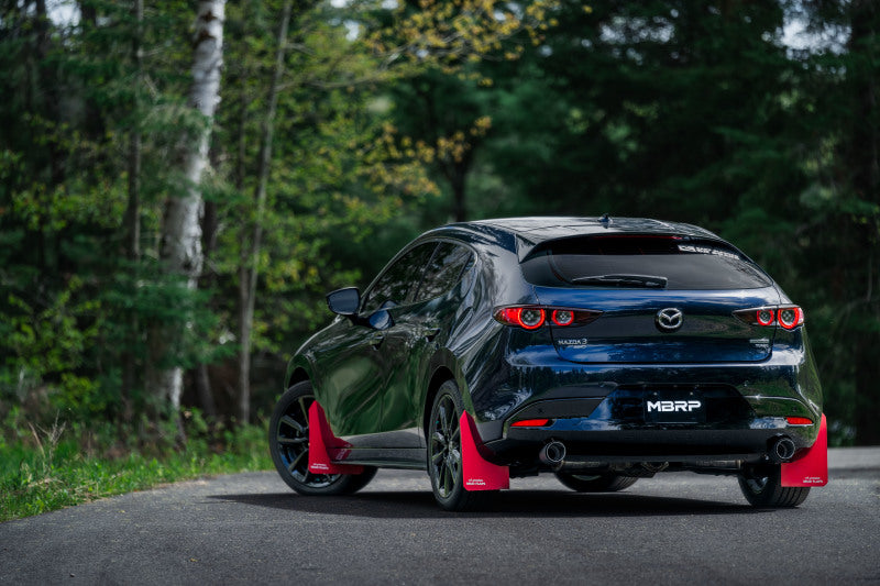 MBRP exhaust axle-back for Mazda 3 hatchback 2019-2023, T304 stainless steel with dual rear exit and carbon fiber tips.