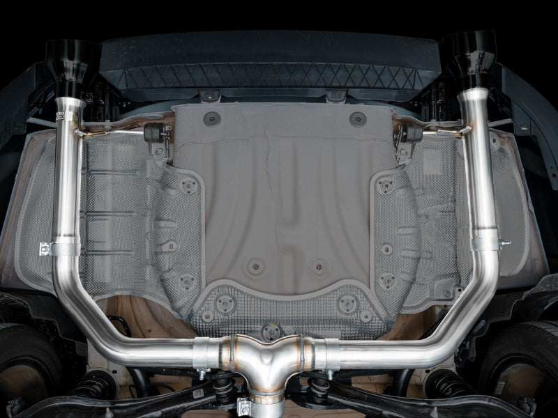 AWE Tuning catback exhaust system for 2022-2025 Volkswagen Jetta GLI Track Edition with diamond black tips, showing the exhaust pipes and tips.