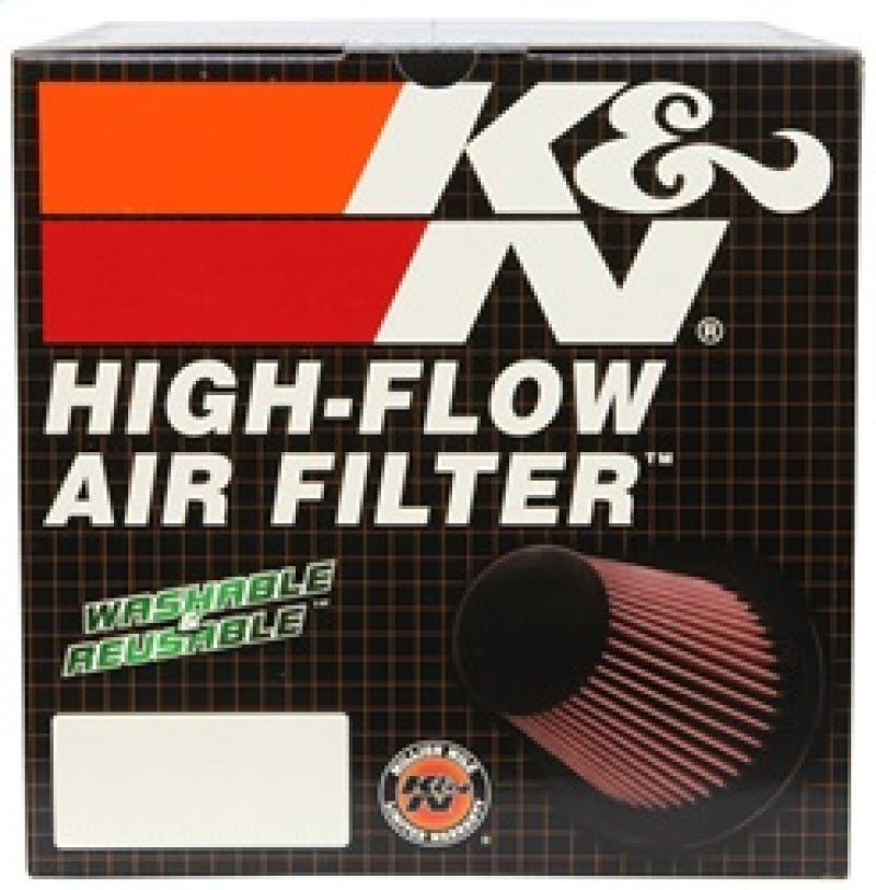 K&N Engineering universal rubber air filter with 5-inch flange, 6.5-inch base, 4.38-inch top, and 7-inch height.