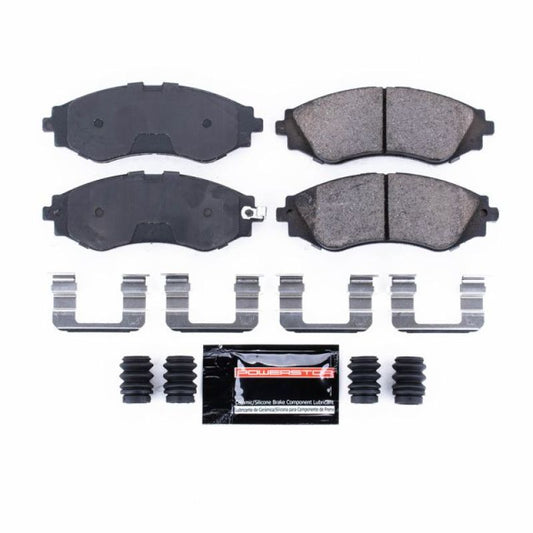 PowerStop Z23 Evolution Sport front brake pads with hardware for Chevrolet Aveo 2004-2011, performance brake replacement.