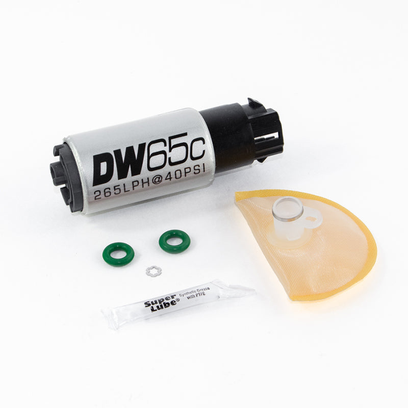 DeatschWerks 265 LPH compact in-tank fuel pump for 2008-2012 Subaru WRX, 2008-2015 STI, and 2005-2009 LGT, shown with pump components.