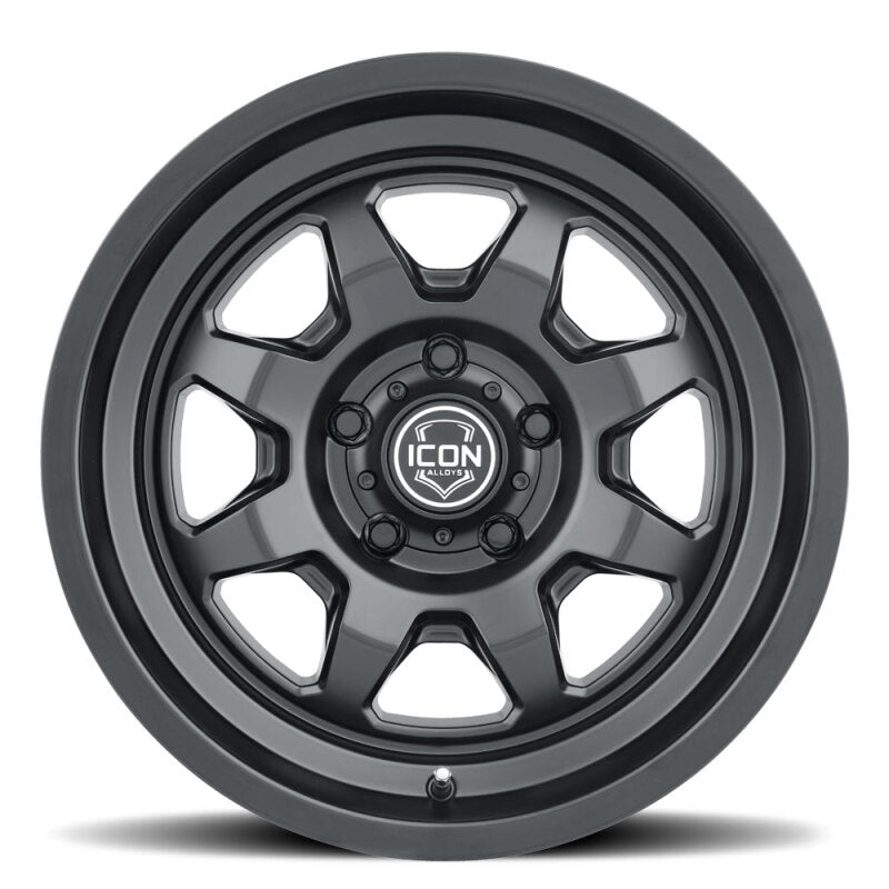 ICON Nuevo 17x8.5 satin black cast wheel with 5x150 bolt pattern, 25mm offset, and 5.75-inch backspacing.