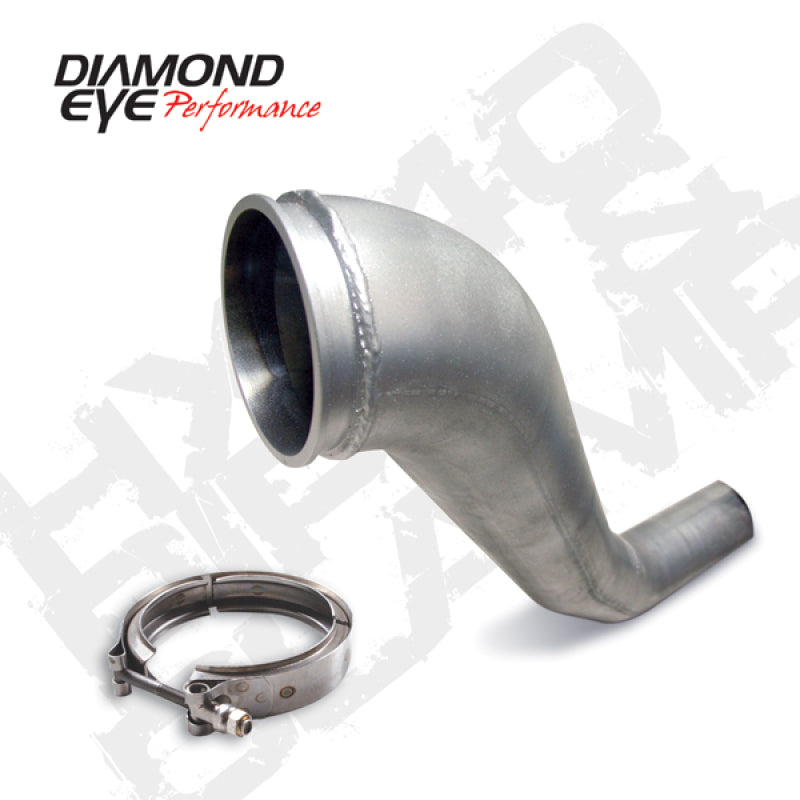 Diamond Eye Performance 4-inch downpipe with HX40 turbo flange and V-band clamp for Dodge 94-02 diesel engines, high-performance upgrade.