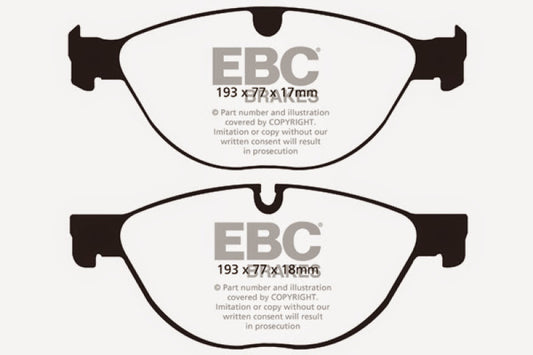 EBC Redstuff front brake pads for Jaguar XF 5.0 Supercharged (470), high-performance brake pads with red friction material.