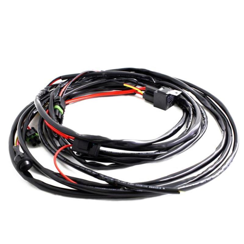 Baja Designs Squadron/S2 wire harness for up to two lights, with connectors and wiring for off-road lighting setups.