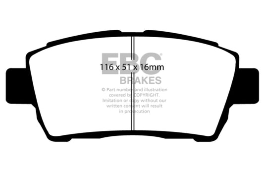EBC Redstuff front brake pads for 2011-2015 Scion IQ 1.3, performance brake pads with red friction material.