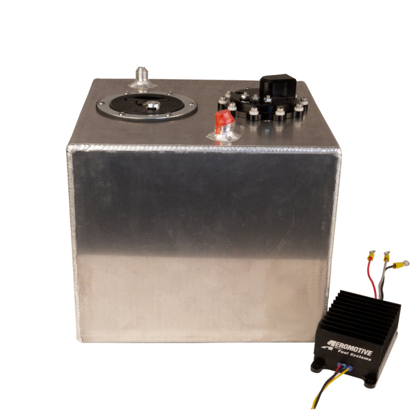 Aeromotive 6-gallon Fuel Cell with 90-degree outlet and brushless A1000 system, designed for high-performance fuel storage.