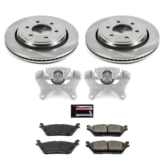 PowerStop OE rear brake calipers for 2015-2017 Ford F-150 with Autospecialty caliper kit, showcasing the black finish and mounting hardware.