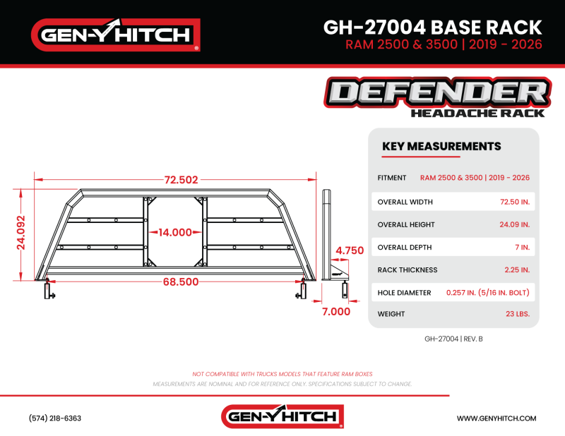 Black Gen-Y Dodge Ram 2500/3500 Defender Headache Rack mounted on the truck's exterior for added protection and style.