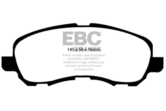EBC Ultimax2 front brake pads for Chrysler 200 2.4L, OE style, showing black friction material and metal backing plates.