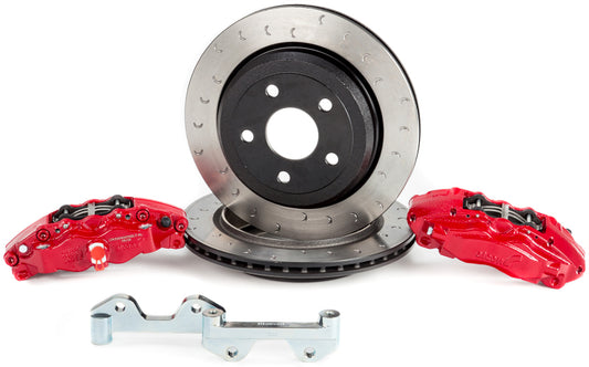 Alcon Jeep JK-JL big brake kit with red 330x22mm rotors, 4-piston calipers, and included brake lines, rear view.
