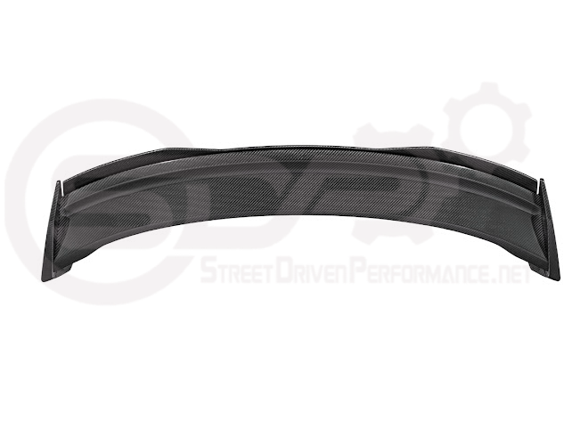 Ford Mustang Dark Horse style carbon fiber rear wickerbill spoiler wing for 2015-2023 model, featuring sleek design and aerodynamic detail