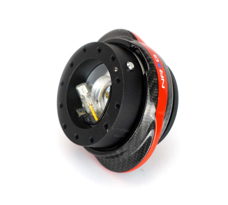 NRG Quick Release Gen 2.2 black body with red carbon fiber ring, designed for quick release adapters in automotive applications