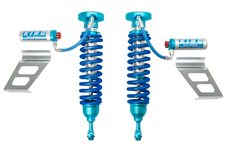 King Shocks 2007+ Toyota Tundra front coilover pair with 2.5-inch diameter, remote reservoir, and adjusters for off-road suspension.