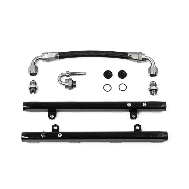DeatschWerks fuel rails for 2011-2017 Ford Mustang and F-150 Coyote 5.0 V8 engine, with crossover design and polished finish.