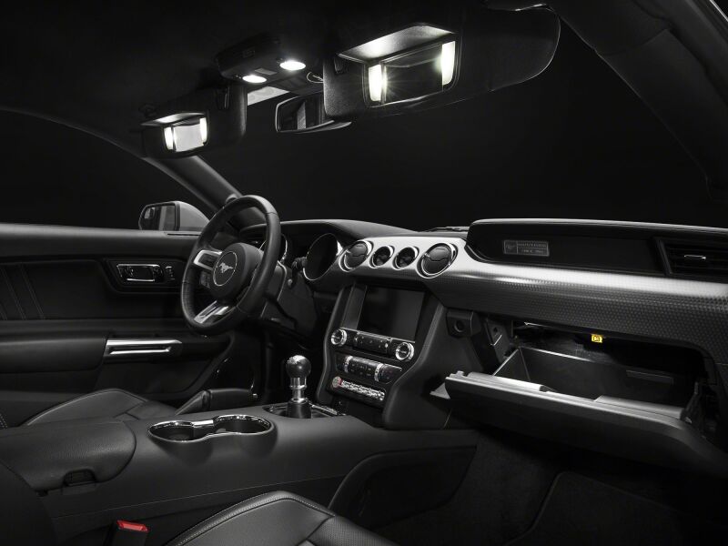 Raxiom Ford Mustang 2015-2023 interior LED lighting kit with cool white LEDs, stage 2 axial series, installed inside the vehicle.