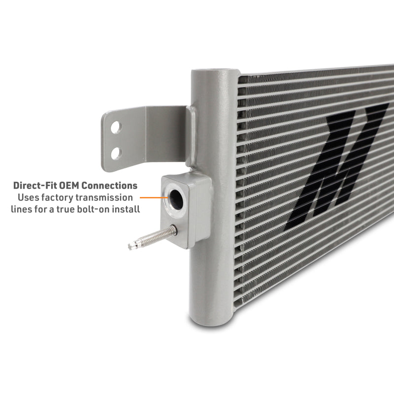Mishimoto transmission cooler for 2020+ Chevrolet and GMC Duramax L5P 6.6L diesel trucks, with metal fins and fittings visible.