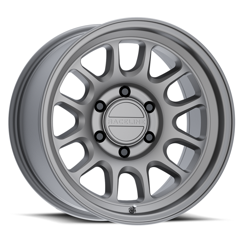 Raceline 958T Rogue 17x8 inch cast titanium wheel with 5x110 bolt pattern, 30mm offset, and 72.62mm bore.