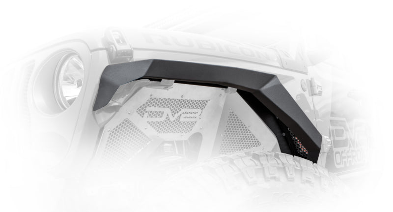 DV8 Offroad Jeep Wrangler JL armor fenders with integrated LED turn signals installed on 2018+ model.