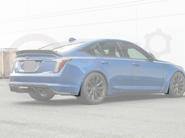 Pair of black carbon fiber mud flaps for Cadillac CT5-V Blackwing, featuring Street Driven Performance branding, mounted on vehicle.