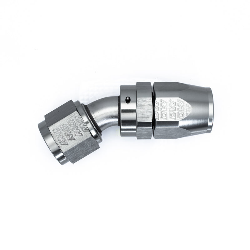 DeatschWerks 10AN female flare swivel hose end fitting in matte black anodized finish, designed for high-performance fuel systems.