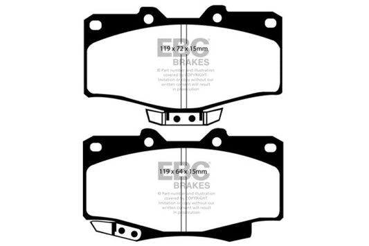 EBC Ultimax2 front brake pads for Toyota 4Runner 1990-1991, OE style, shown in a close-up image of the brake pad set.