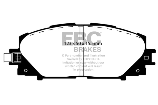 EBC 11+ Lexus CT200h 1.8 Hybrid Ultimax2 front brake pads, OE type, with metal backing and brake pad friction material.