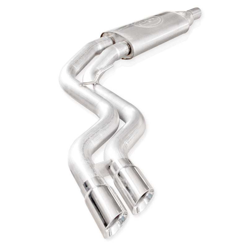 Stainless Works catback exhaust Y-pipe and mid resonator for 2011-14 Ford Raptor, rear tire exit view.