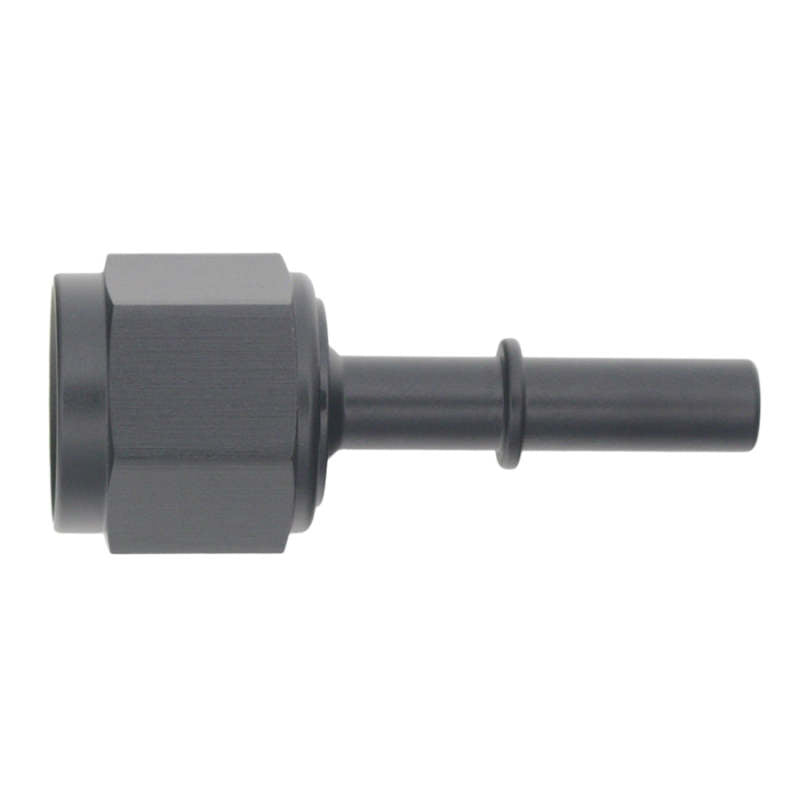 DeatschWerks 8AN female flare swivel fitting with 5/16 inch male EFI quick disconnect in matte black for fuel system connections.