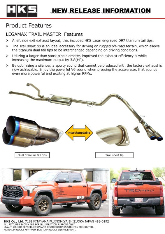 HKS Legamax Trail Master 2022 Tundra catback exhaust system with polished tips and durable construction, installed on a Tundra pickup.