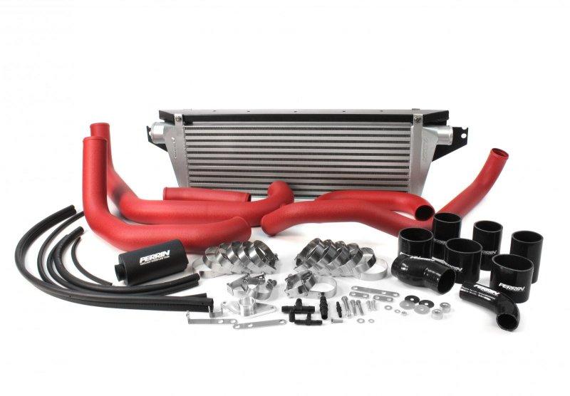 Black Perrin Performance intercooler core and mounting beam for 2002-2007 Subaru WRX/STi front mount intercooler kit.