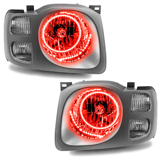 Oracle Lighting LED Halo Headlights for 2002-2004 Nissan Xterra SE with red halos, pre-assembled and installed in the vehicle.