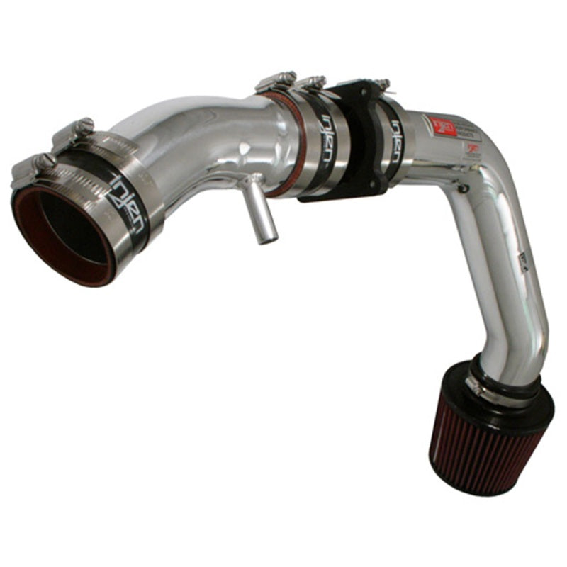 Injen polished cold air intake for 2002-2006 Nissan Sentra SER Spec V 2.5L, showing the sleek metal intake pipe and filter.