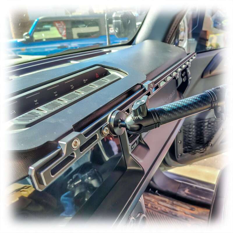 Turn Offroad Ford Bronco dash rail with hooks and handles, rugged black mount for off-road utility and interior organization.
