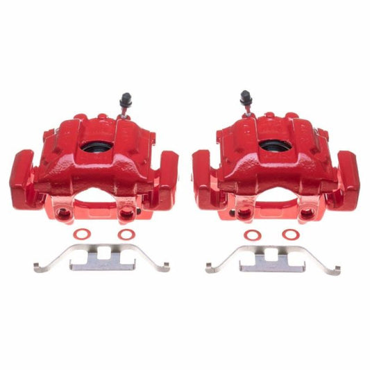 Pair of PowerStop rear red brake calipers for BMW 740i 1995, high-performance automotive brake calipers in red.