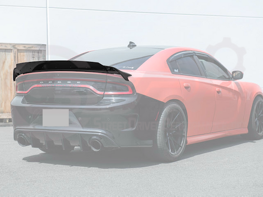 Dodge Charger SRT Hellcat Redeye style rear trunk wing spoiler in matte or gloss black with wickerbill design for 2015-2023 models.