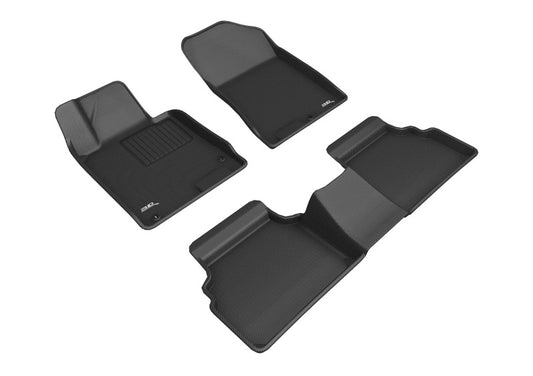 Black 3D MAXpider rubber floor mats for 2021+ Kia K5 FWD, covering first and second row, with textured surface for added grip.