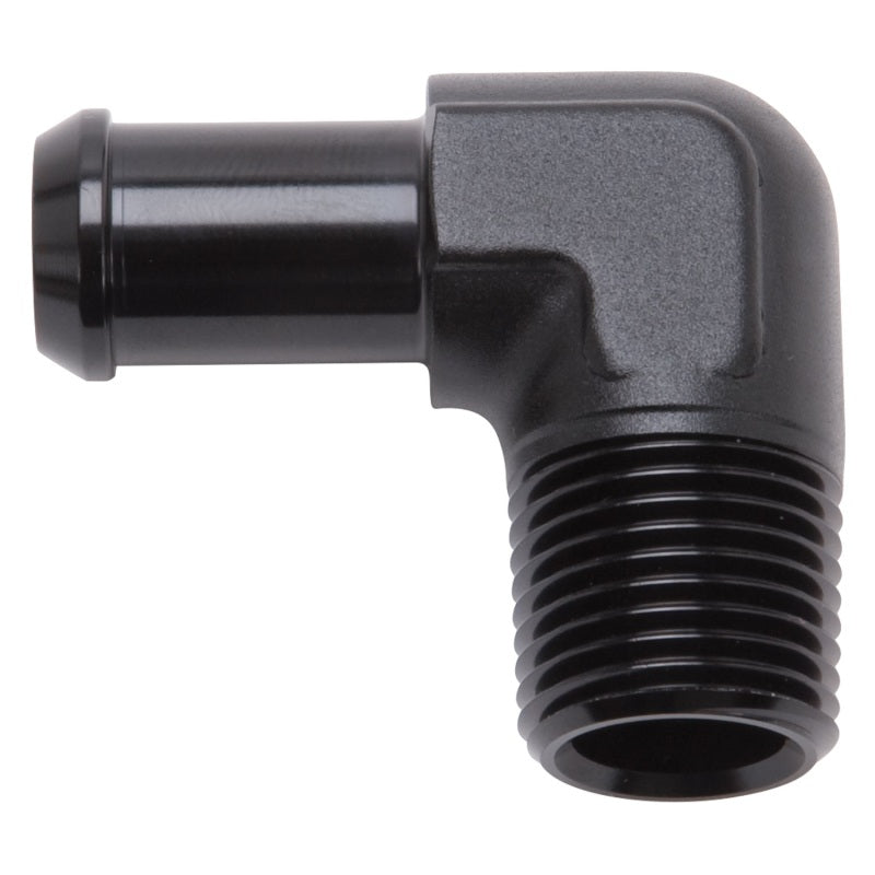 Edelbrock hose end fitting with 90-degree angle, 1/2 inch NPT to 5/8 inch barb, black anodized finish for automotive use