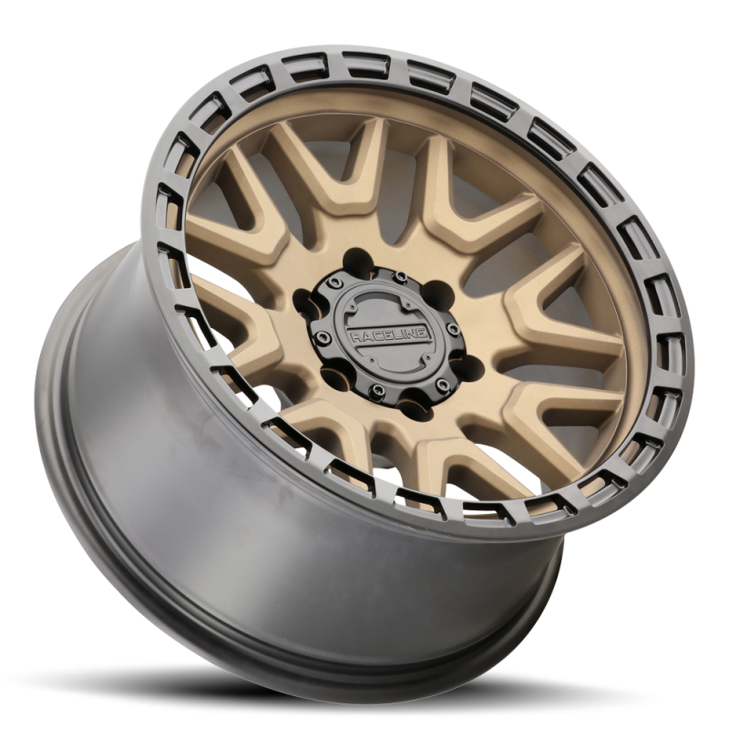 Bronze Raceline 953BZ Krank 20x9 inch cast wheel with 8x165.1 bolt pattern, 0mm offset, 125.2mm bore, and stylish design