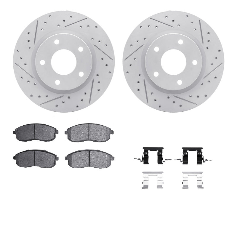 R1 Concepts carbon coated slot and drilled brake rotors with pads for 2013-2019 Nissan Sentra front brake system.