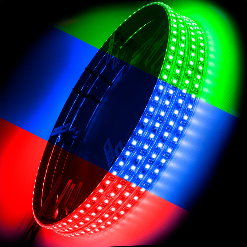 Oracle Lighting LED illuminated wheel rings with ColorSHIFT effects, showcasing a sleek light strip design without remote control.
