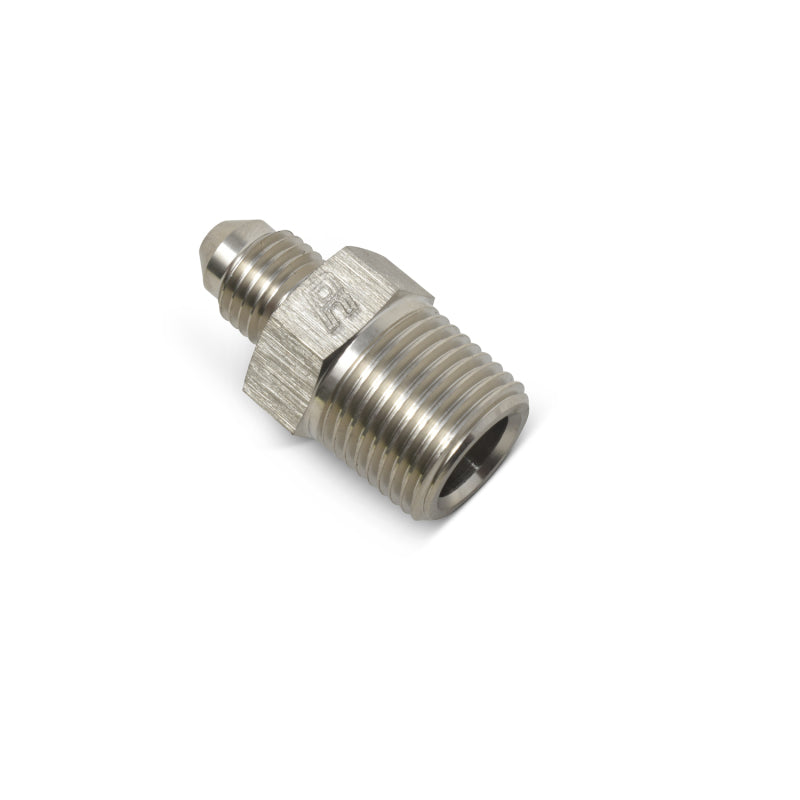 Russell Performance -8 AN to 1/2 inch NPT straight flare to pipe fitting, Endura brand, shown with metal finish and detailed threading