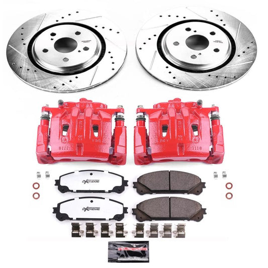 PowerStop brake kit for Lexus RX450h, front Z36 truck and tow performance brake pads and calipers, installed on vehicle front end.