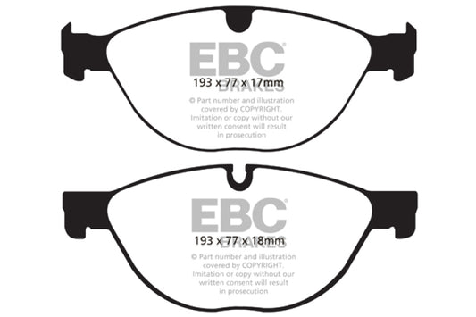 EBC Redstuff front brake pads for Jaguar XF 5.0 Supercharged (470), high-performance brake pads with red friction material.