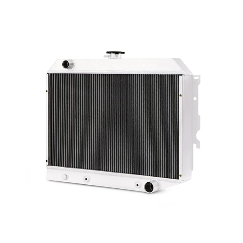 Mishimoto small block X-Line aluminum radiator for 70-73 Plymouth Barracuda, showing the radiator with cooling fins and mounting brackets.