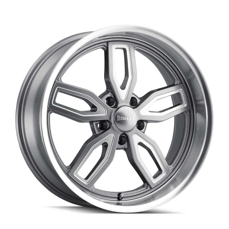 Ridler 608 18-inch cast wheel with gloss grey milled finish, 5x120.65 bolt pattern, 0mm offset, 72.62mm hub bore.