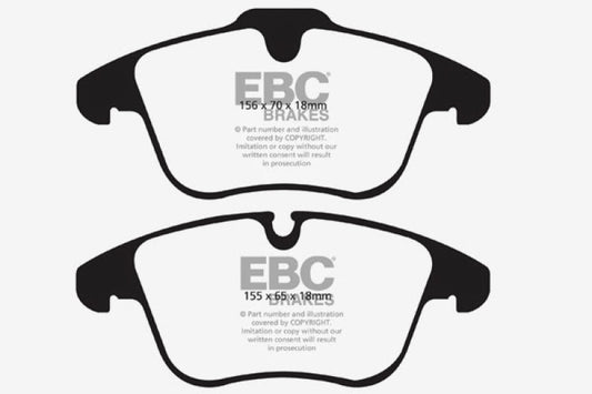 EBC Redstuff front brake pads for Jaguar XF 2.0 Turbo, high-performance brake pads with red friction material.