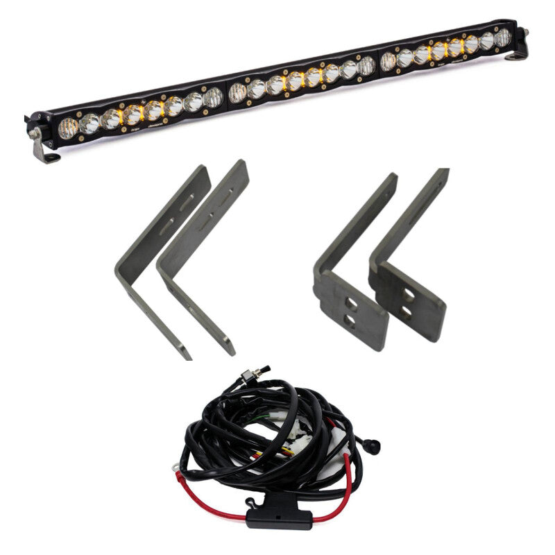 Baja Designs Ford Super Duty 11-16 S8 Series 30-inch LED light bar kit mounted on vehicle grille, showcasing bright white LED lights.