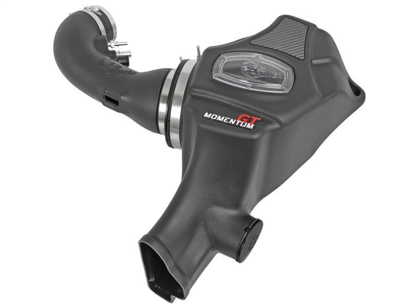 aFe Momentum GT Pro Dry S cold air intake system installed in a 2015 Ford Mustang GT V8 5.0L engine bay.