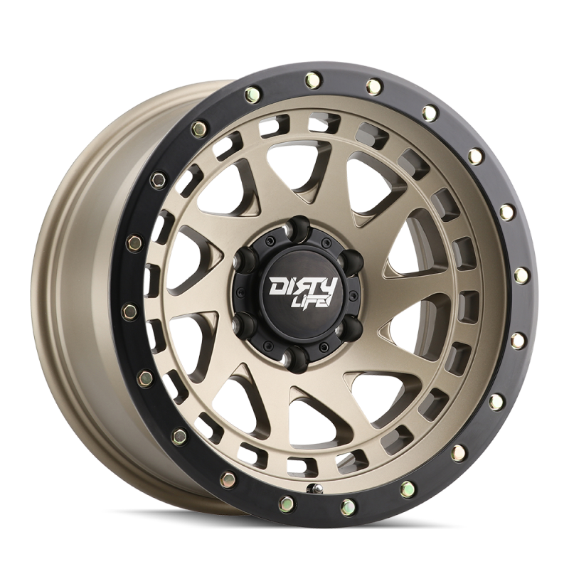 Dirty Life Enigma Pro satin gold beadlock wheel, cast 17x9 inches, 5x127 bolt pattern, -12mm offset, 71.5mm hub, rugged design.
